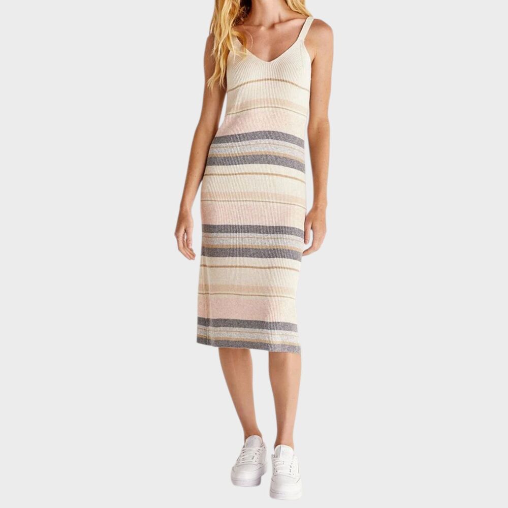 Z SUPPLY Ivory Malibu Stripe Sweater Dress Size L Rib Knit V Neck Stretch Soft